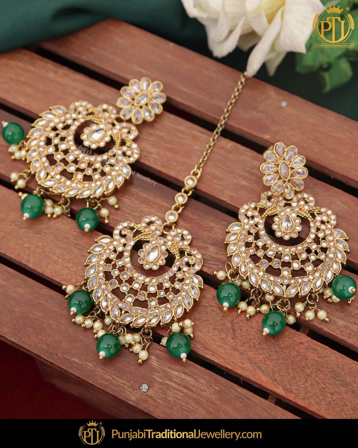 Antique Gold Finished Pearl Emerald Champagne Stone Earring Tikka Set | Punjabi Traditional Jewellery Exclusive