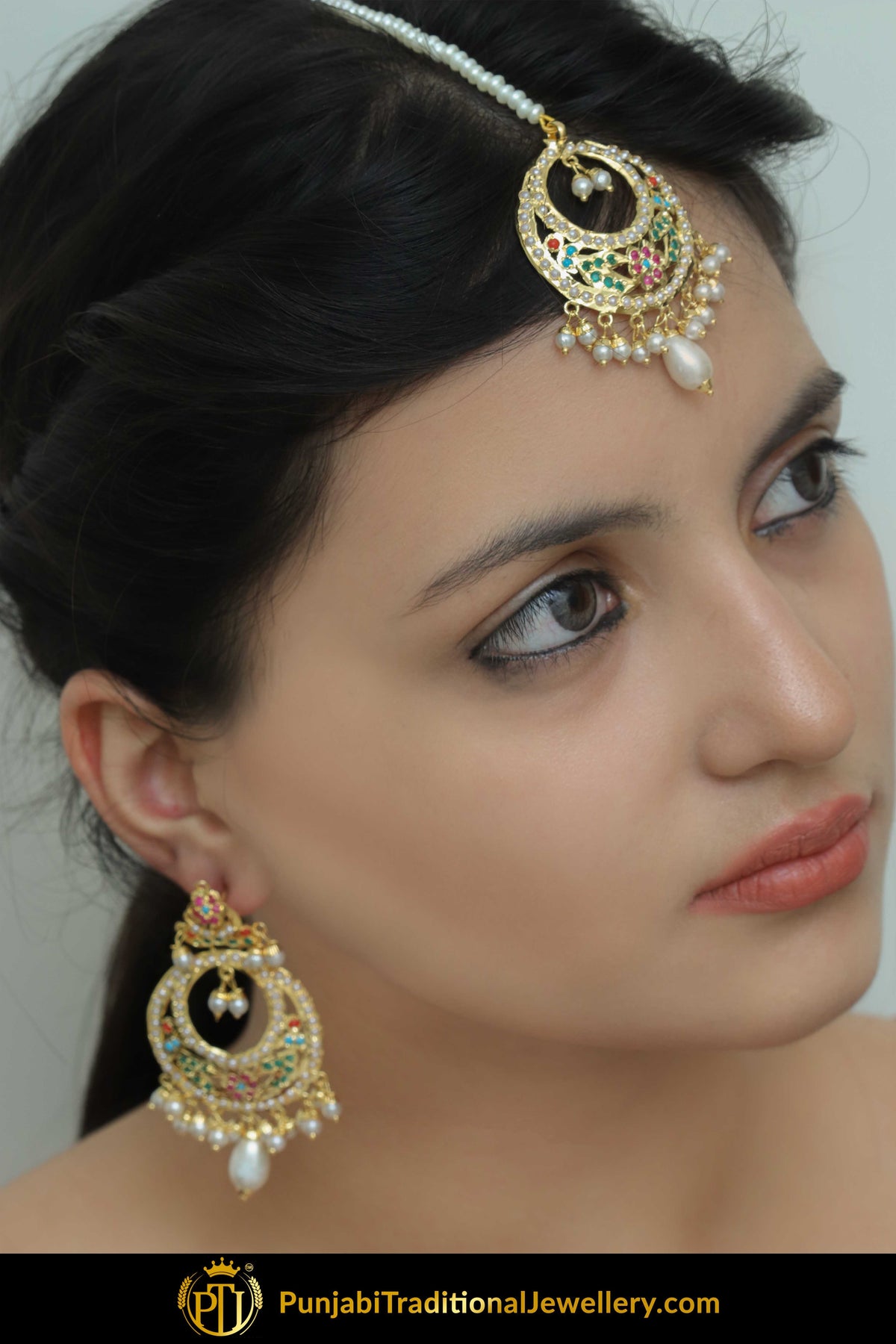 Ghaneemah Gold Finished Navratan Jadau Choker Set, Earrings With Tikka | Punjabi Traditional Jewellery Exclusive