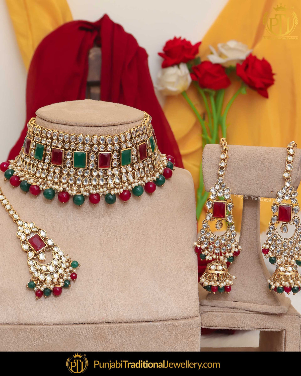 Gold Finished Kundan Rubby Emerlad Pearl Choker Necklace Set | Punjabi Traditional Jewellery Exclusive