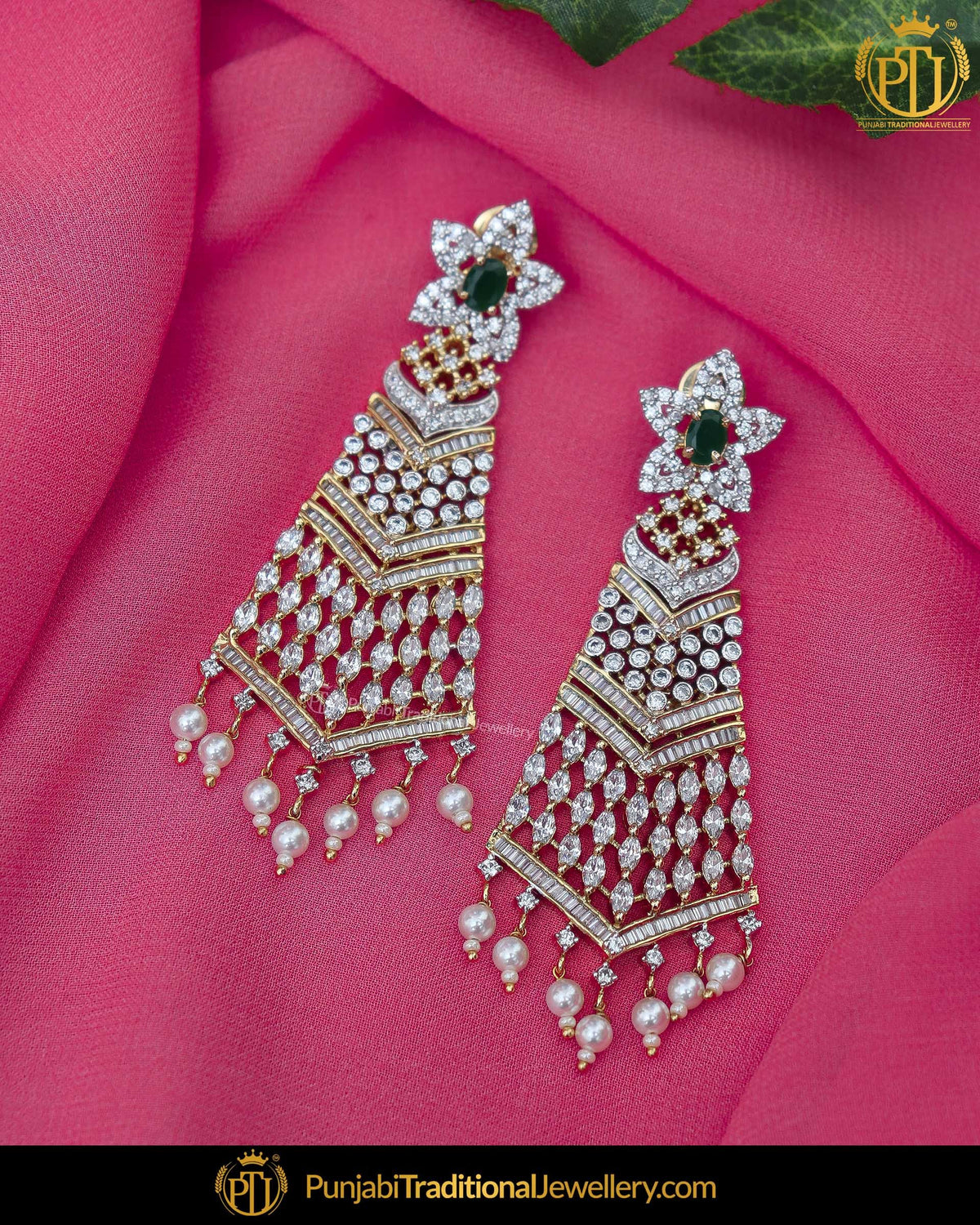 Gold Finished American Diamond Rubby Emerald Pearl Earrings | Punjabi Traditional Jewellery Exclusive