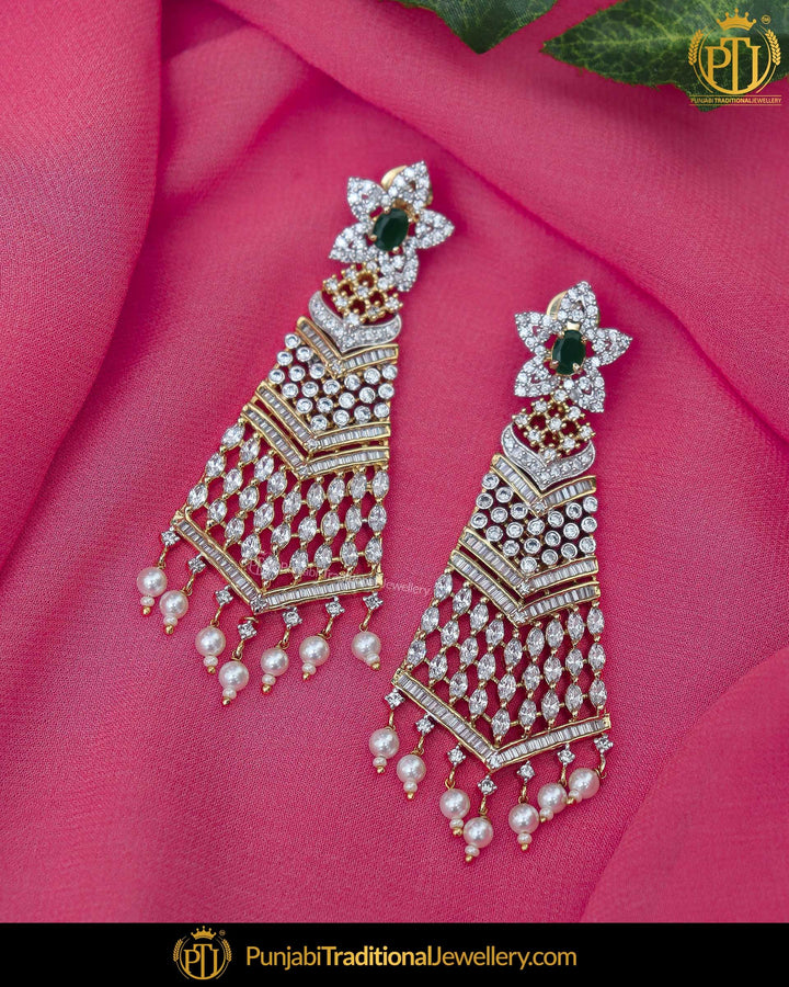 Gold Finished American Diamond Rubby Emerald Pearl Earrings | Punjabi Traditional Jewellery Exclusive
