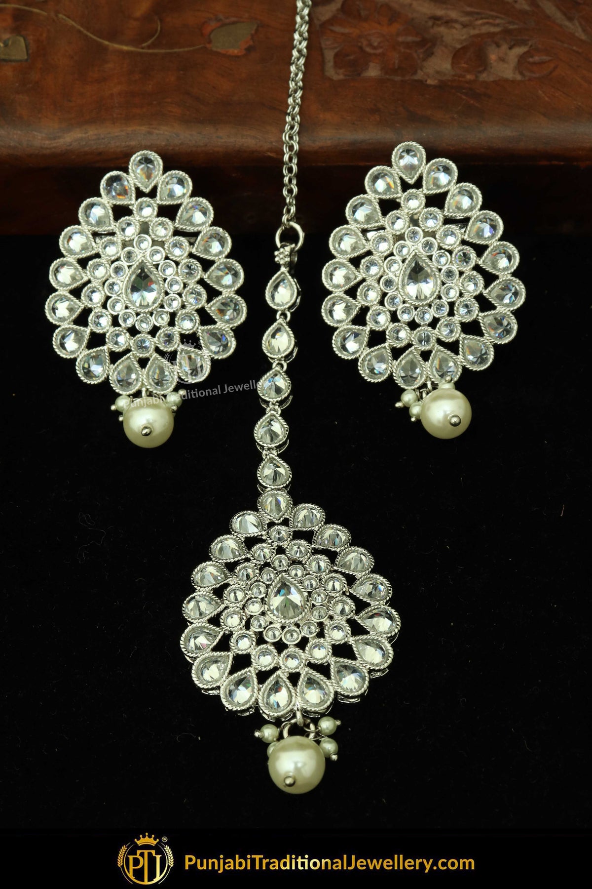 Silver Finished Polki Stone Oversized Stud Earrings & Tikka Set By Punjabi Traditional Jewellery