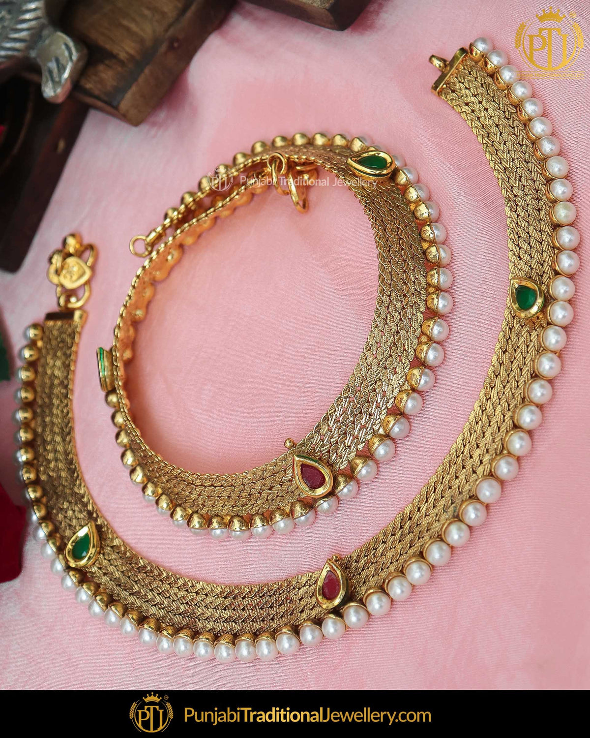 Gold Finished Jerkan Rubby Emerald Payal | Punjabi Traditional Jewellery Exclusive