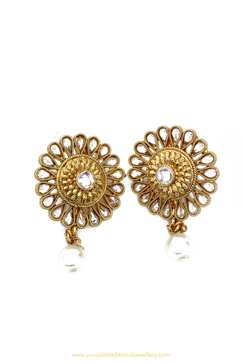 Antique Gold Finished Pearl Polki Studs By PTJ