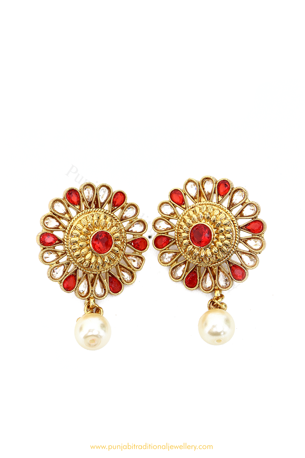 Antique Gold Finished Red Polki Studs By PTJ