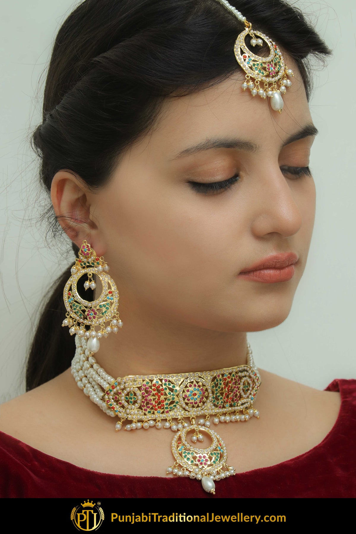 Ghaneemah Gold Finished Navratan Jadau Choker Set, Earrings With Tikka | Punjabi Traditional Jewellery Exclusive