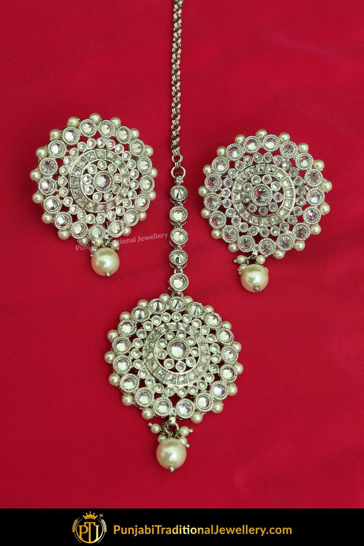 Silver Finished Polki Stone Oversized Stud Earrings & Tikka Set By Punjabi Traditional Jewellery