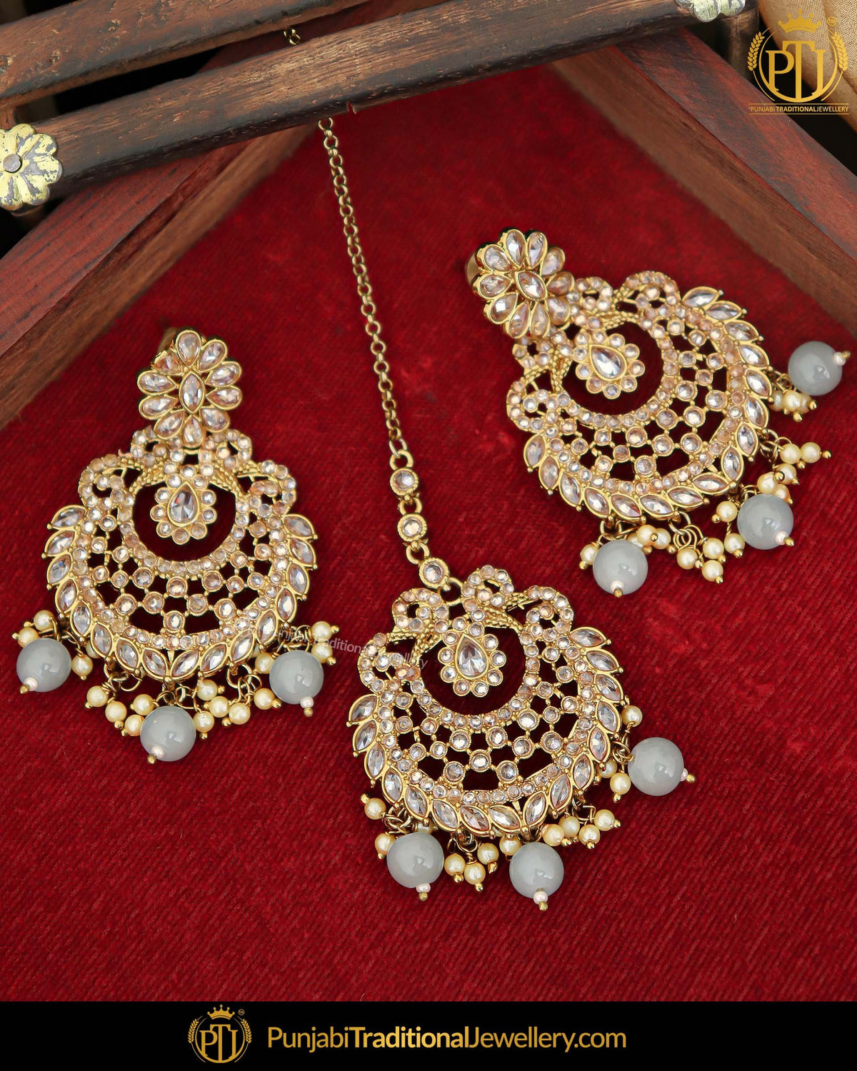 Antique Gold Finished Pearl Champagne Stone Earring Tikka Set | Punjabi Traditional Jewellery Exclusive