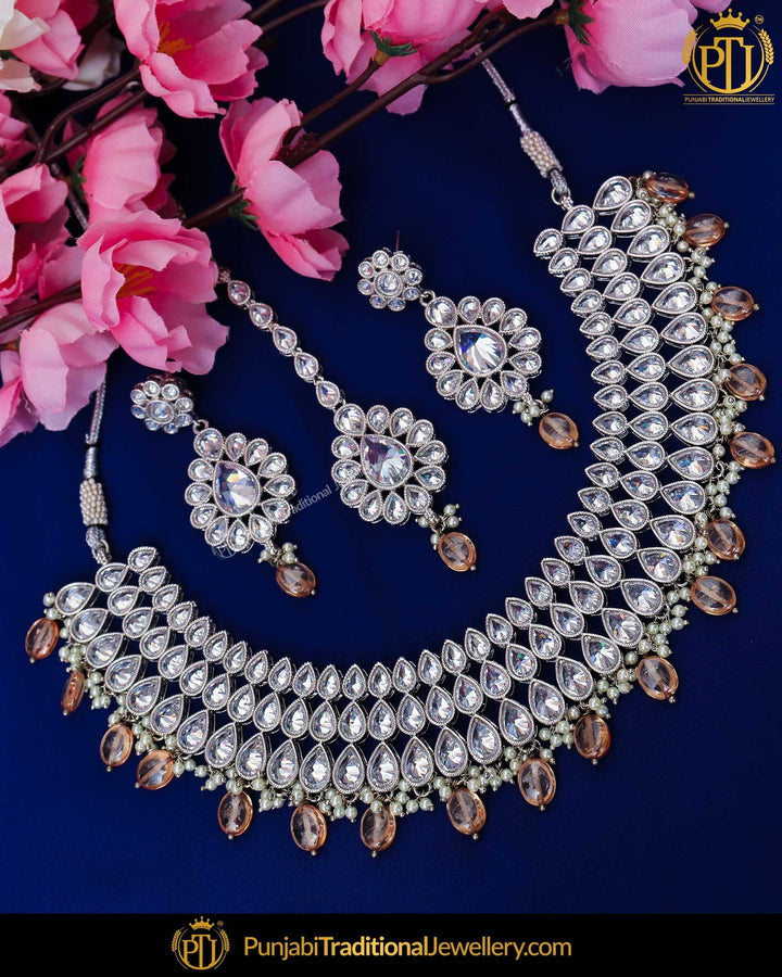 Silver Finished Pearl Polki Orange Necklace Set | Punjabi Traditional Jewellery Exclusive