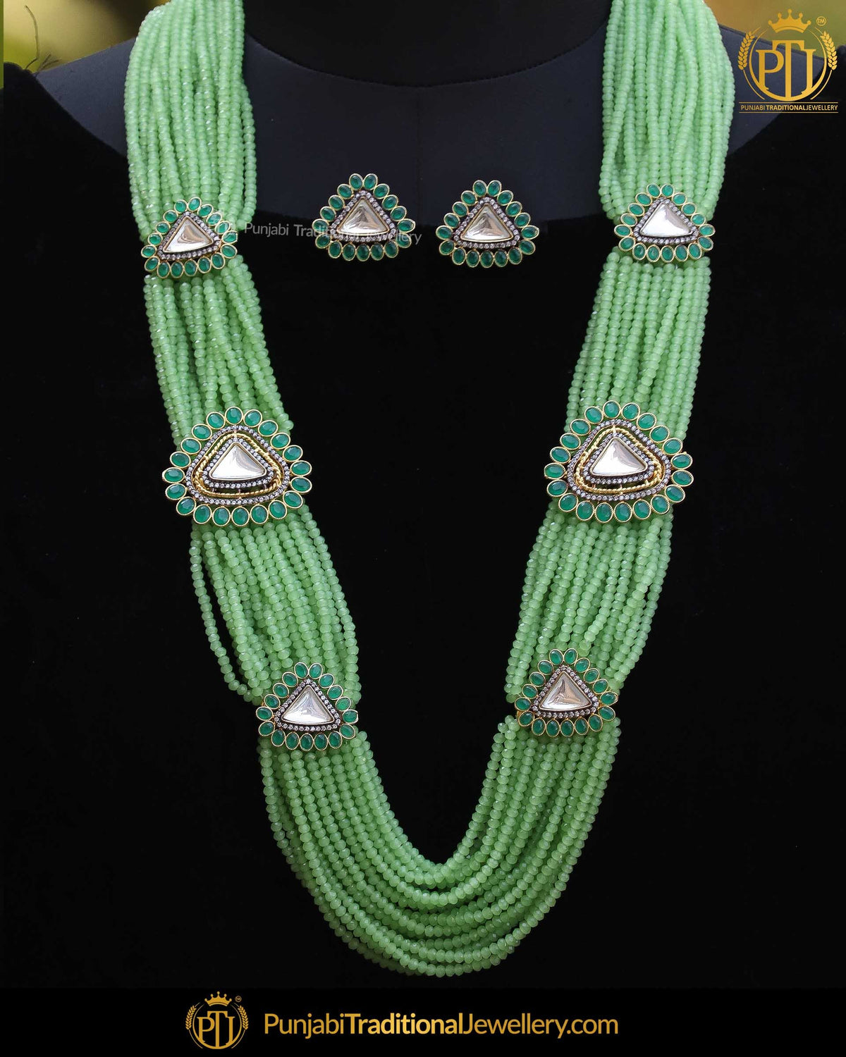 Gold Finished Eamrald Kundan Long Pearl Necklace Set | Punjabi Traditional Jewellery Exclusive
