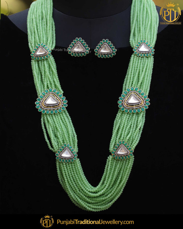 Gold Finished Eamrald Kundan Long Pearl Necklace Set | Punjabi Traditional Jewellery Exclusive