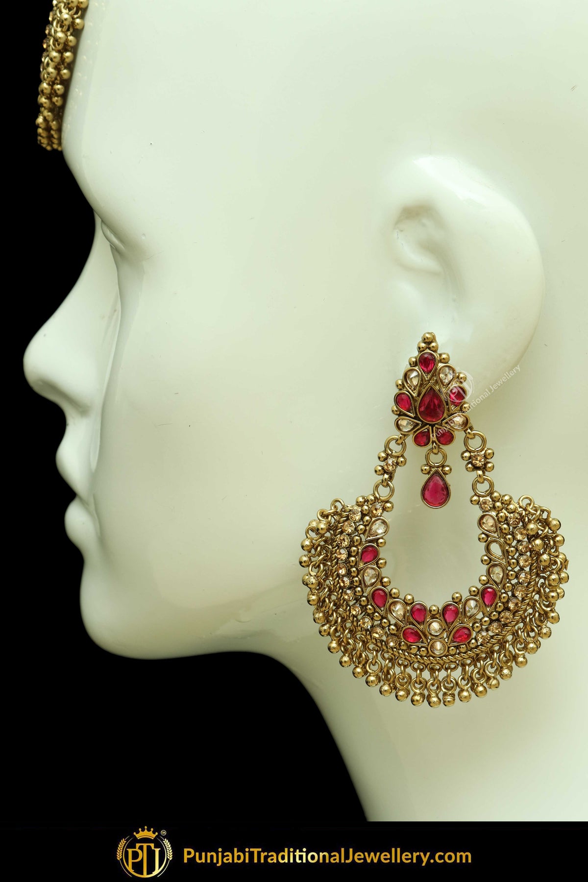 Antique Gold Finised Champagne Stone Pink Earring Tikka Set By Punjabi Traditional Jewellery