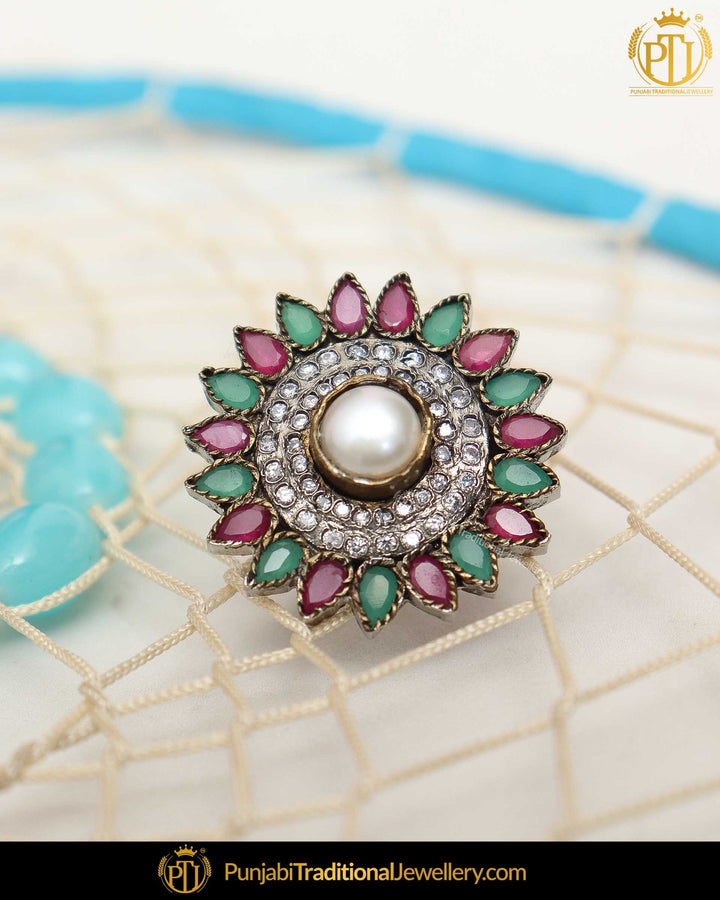 Gold Finished Rubby Emerald Kundan Ring | Punjabi Traditional Jewellery Exclusive