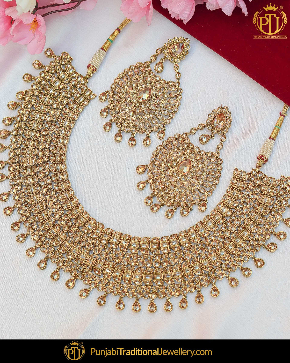 Gold Finished Champagne Stone Bridal Necklace Set | Punjabi Traditional Jewellery Exclusive