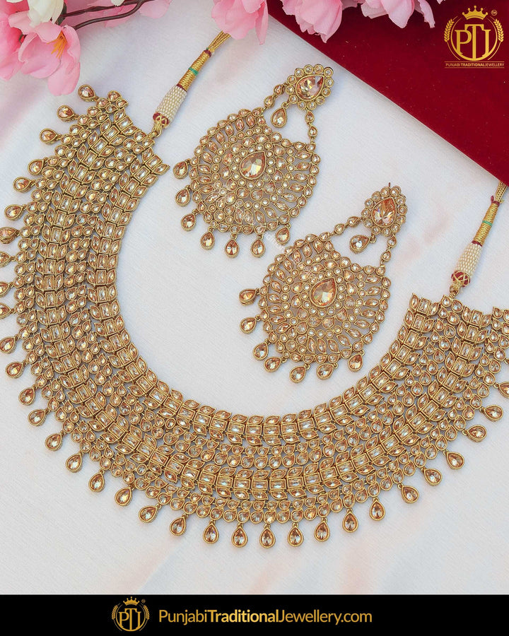 Gold Finished Champagne Stone Bridal Necklace Set | Punjabi Traditional Jewellery Exclusive