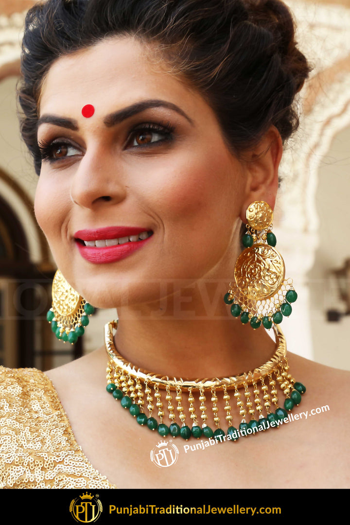 Tehzeeb Gold Finished Emerald Hasli Necklace & Earrings | Punjabi Traditional Jewellery Exclusive