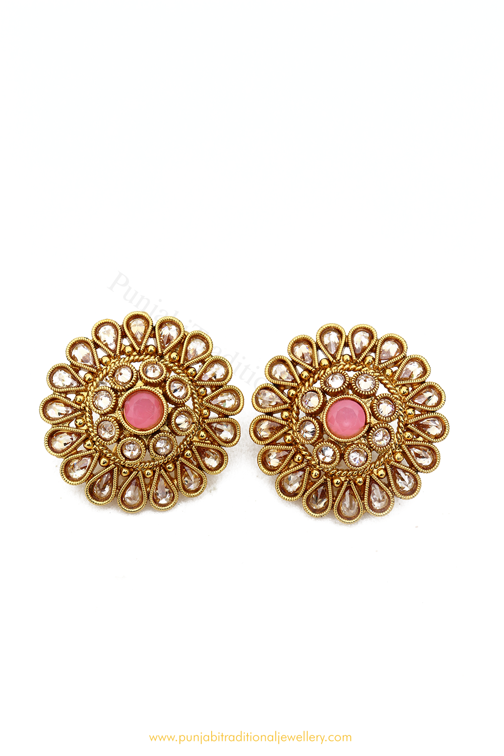 Antique Gold Finished Pink Polki Studs By PTJ