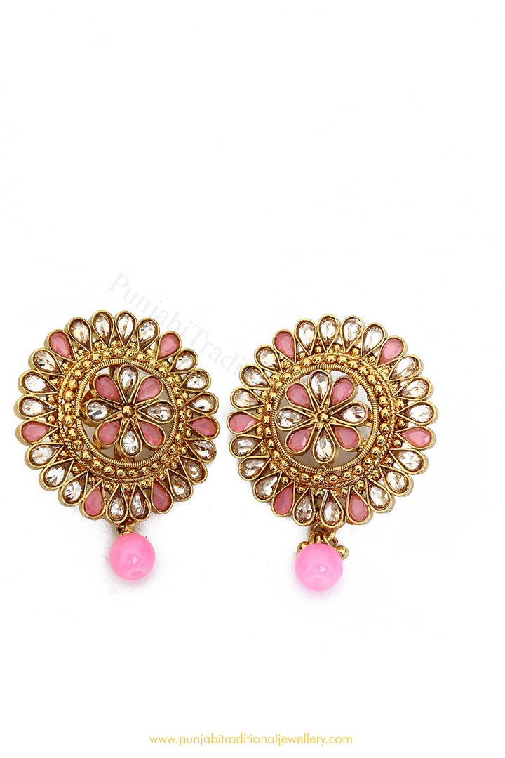 Antique Gold Finished Pink Polki Studs By PTJ
