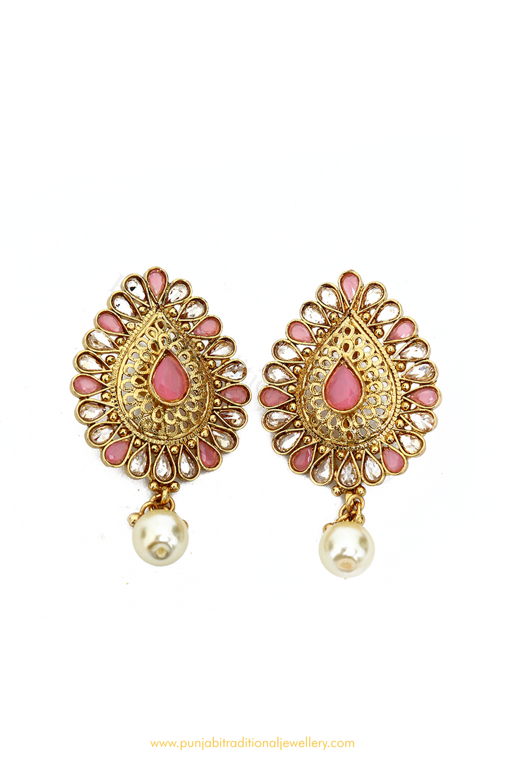 Antique Gold Finished Pink Polki Studs By PTJ