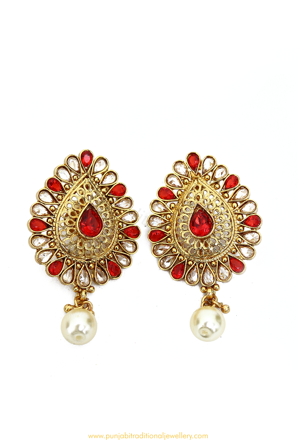 Antique Gold Finished Red Polki Studs By PTJ