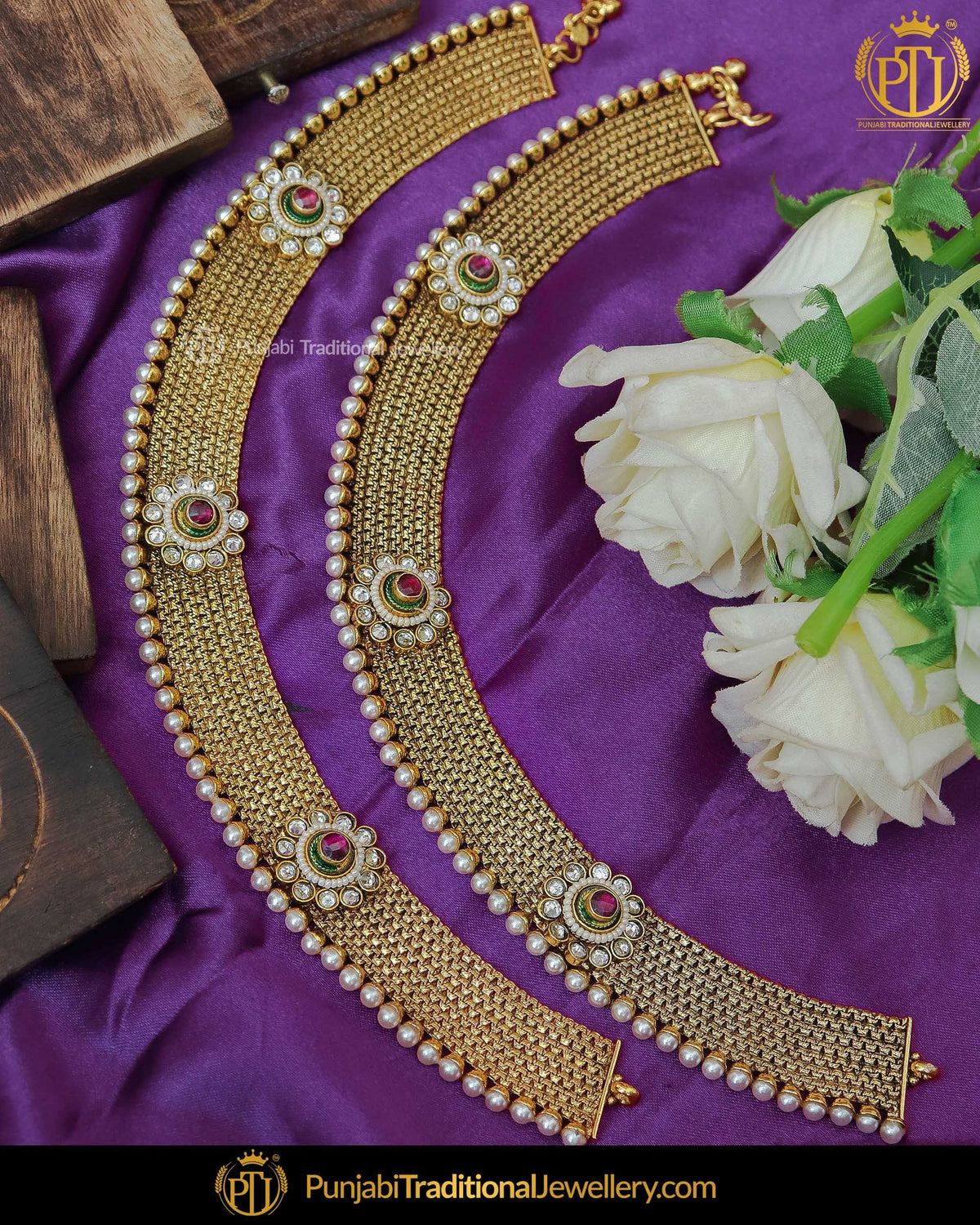 Gold Finished Rubby Emerald Payal | Punjabi Traditional Jewellery Exclusive