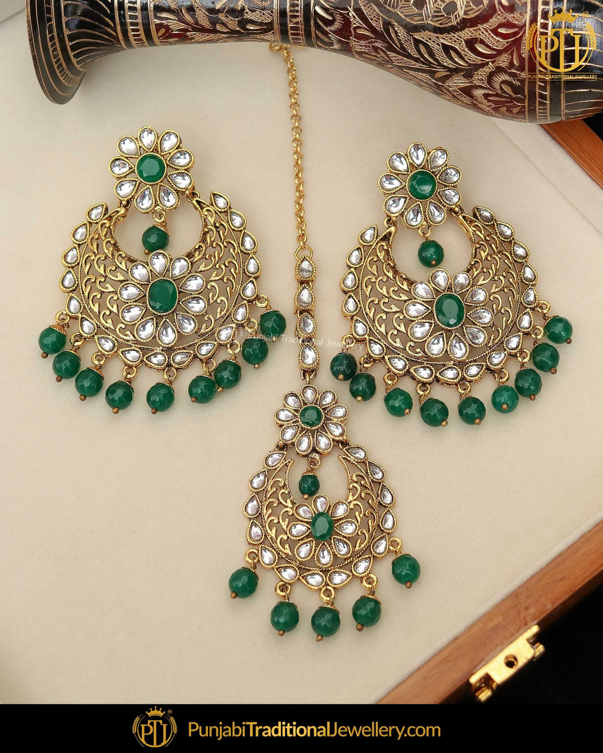 Gold Finished Emerald Kundan Earring Tikka Set | Punjabi Traditional Jewellery Exclusive
