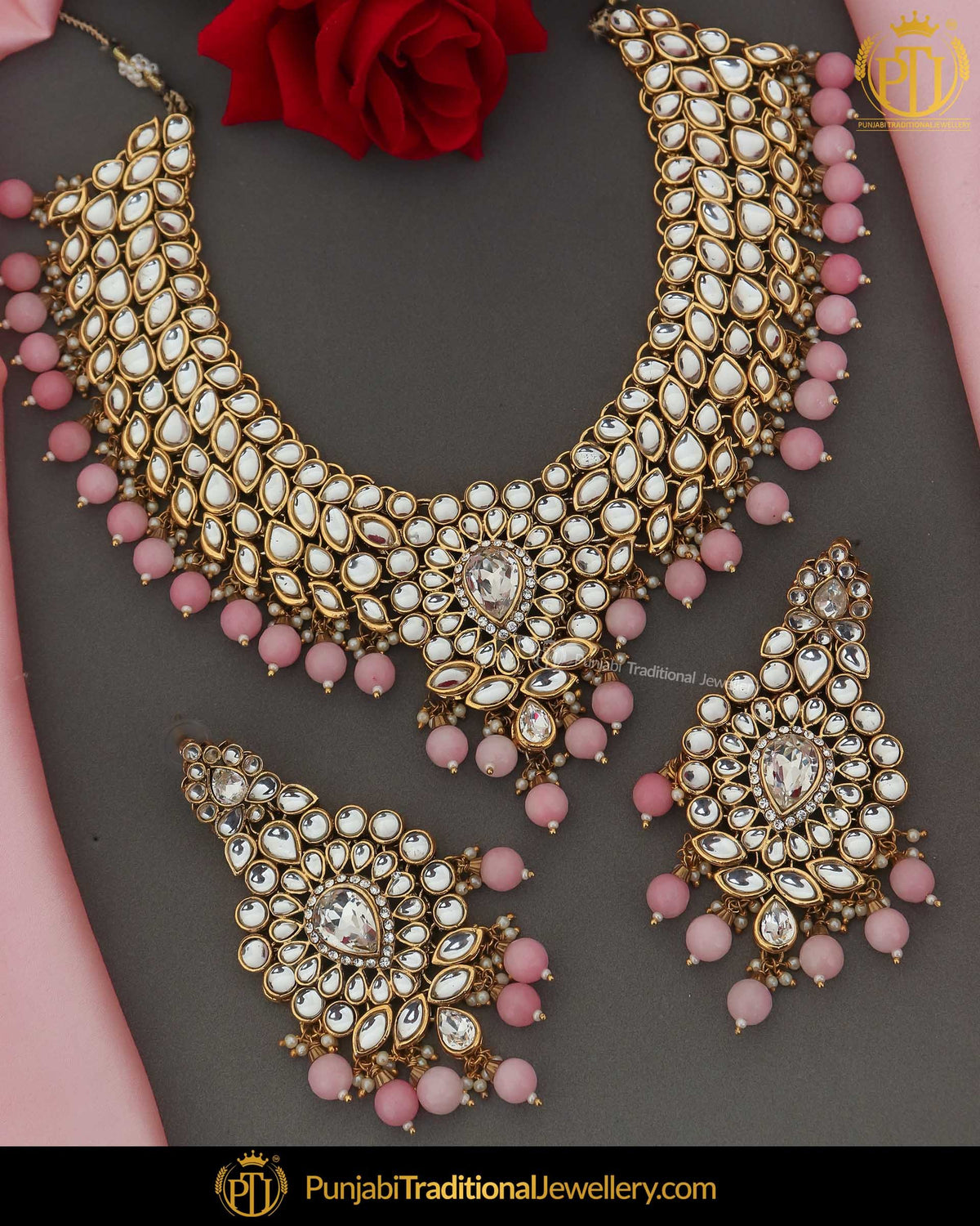 Gold Finished Kundan Pearl Pink Choker Necklace Set | Punjabi Traditional Jewellery Exclusive