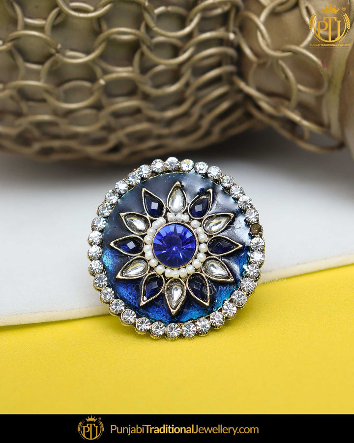 Gold Finished Blue Polki Rings | Punjabi Traditional Jewellery Exclusive