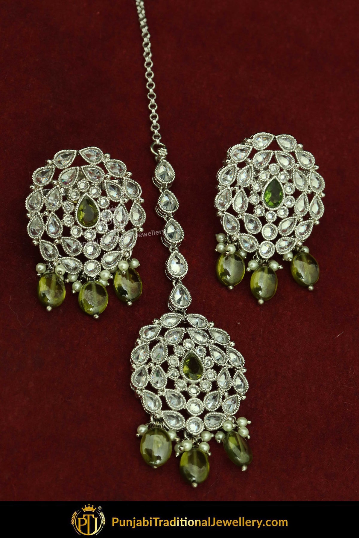 Silver Finished Polki Stone Pista Green Drops Oversized Stud Earrings & Tikka Set By Punjabi Traditional Jewellery