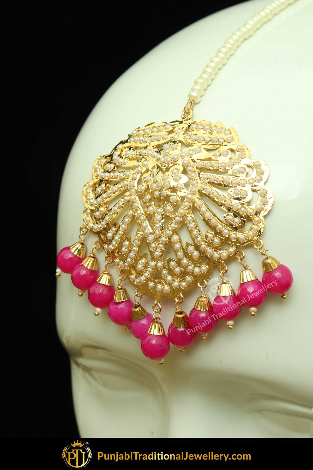 Gold Finished Pink Jadau Pearl Earring Tikka Set | Punjabi Traditional Jewellery Exclusive