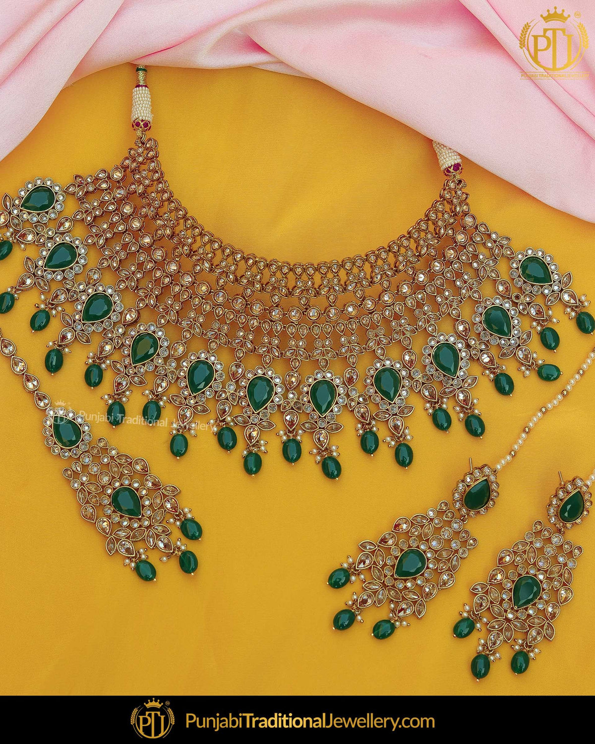 Gold Finished Emerald Champagne Stone Choker Bridal Necklace Set | Punjabi Traditional Jewellery Exclusive