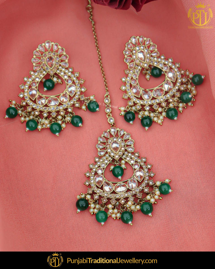 Antique Gold Finished Pearl Emerald Champagne Stone Earring Tikka Set | Punjabi Traditional Jewellery Exclusive