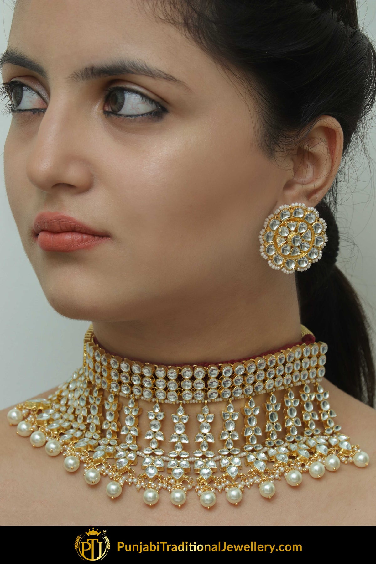 Ghaniyah Gold Finished Pearl Kundan Stud Earrings & Choker Set | Punjabi Traditional Jewellery Exclusive