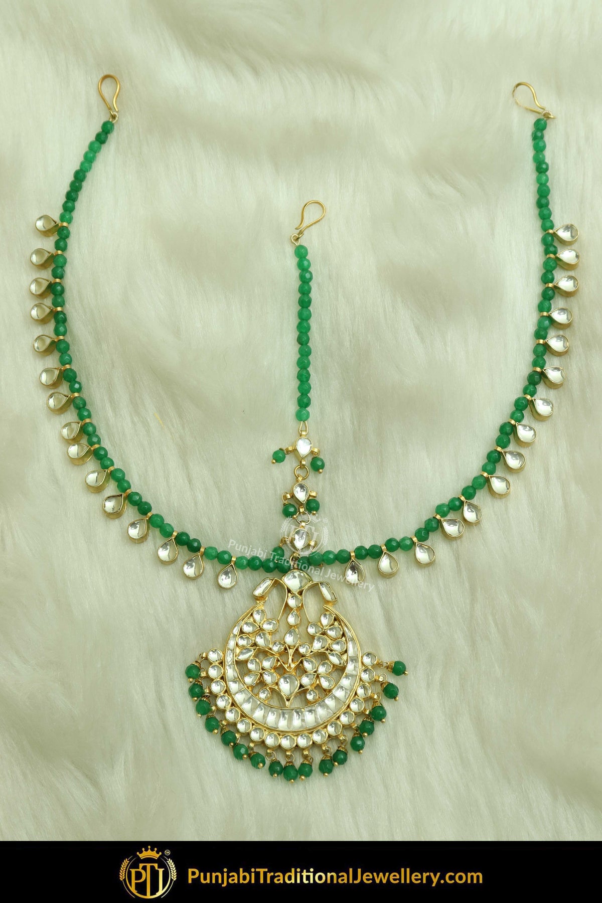 Gold Finished Kundan Emerald Matha Patti | Punjabi Traditional Jewellery Exclusive