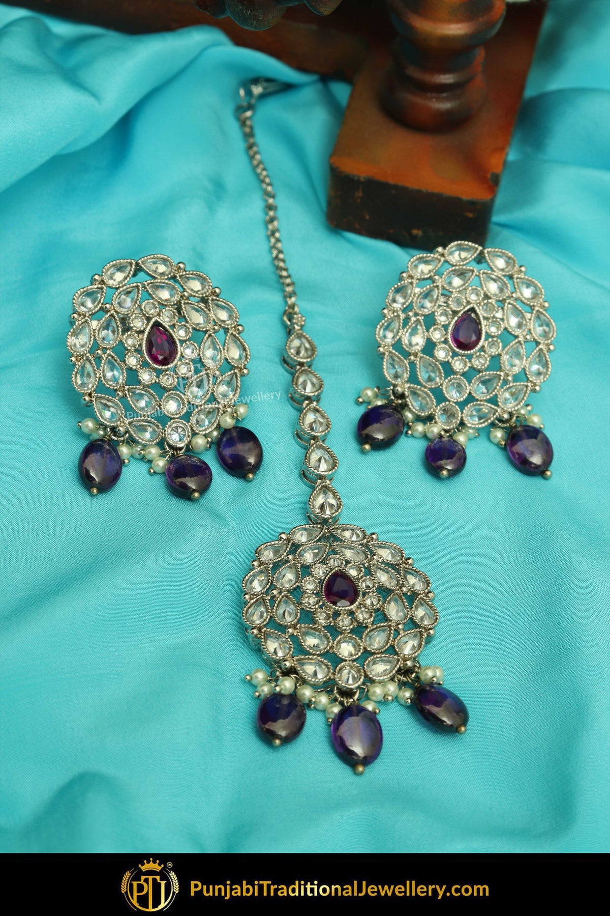 Silver Finished Polki Stone Blue Drops Oversized Stud Earrings & Tikka Set By Punjabi Traditional Jewellery