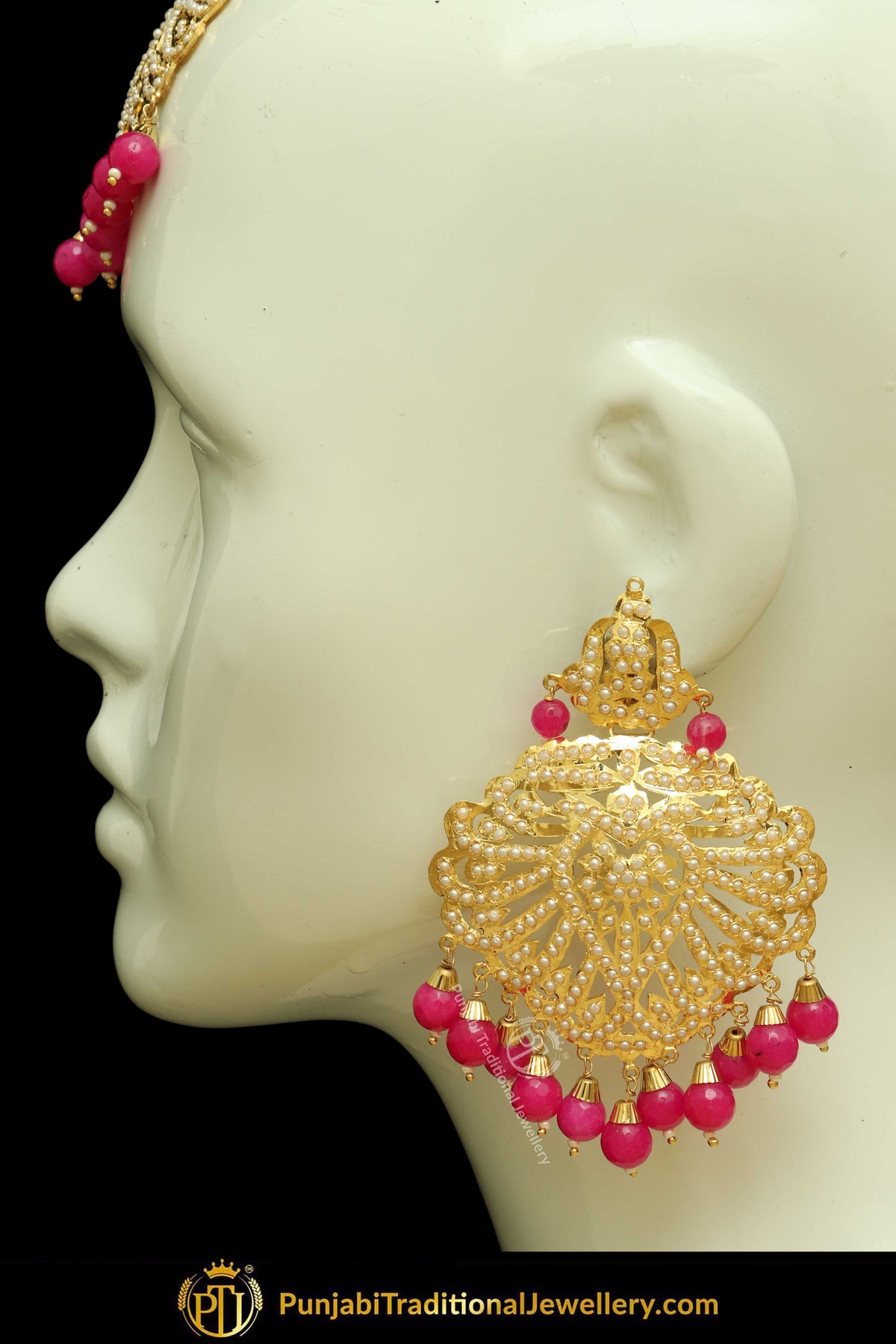 Gold Finished Pink Jadau Pearl Earring Tikka Set | Punjabi Traditional Jewellery Exclusive