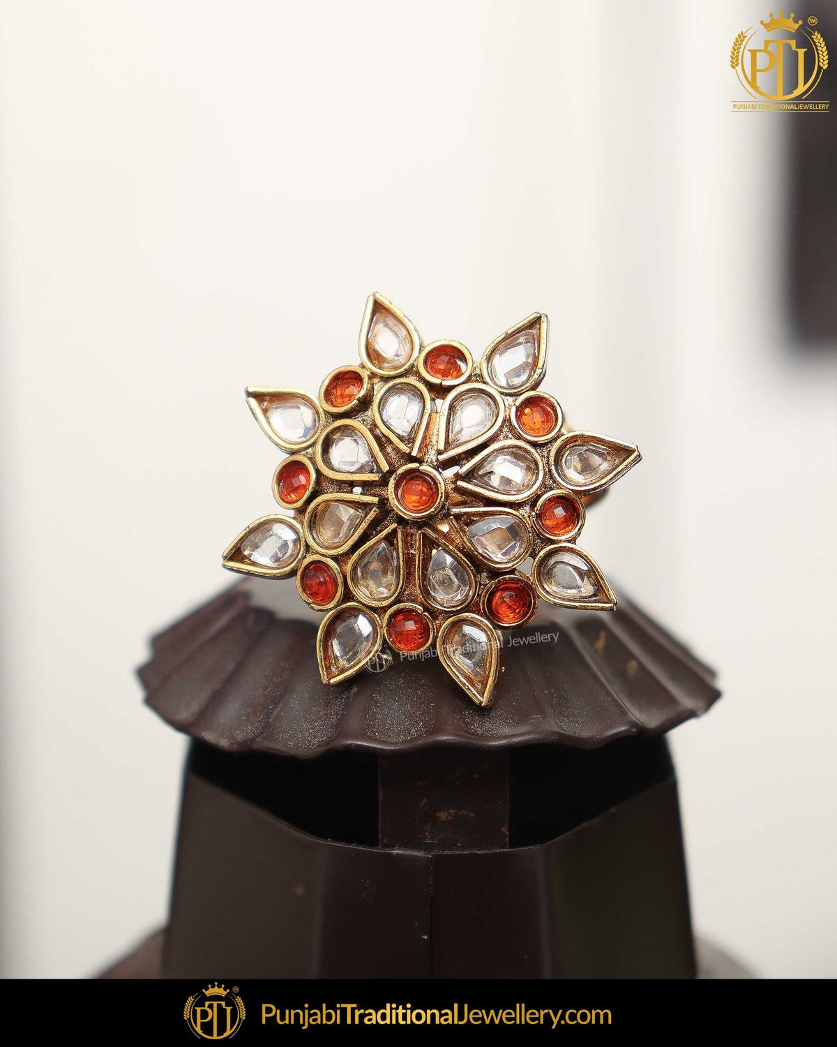 Gold Finished Pearl Rubby Champagne Stone Ring | Punjabi Traditional Jewellery Exclusive