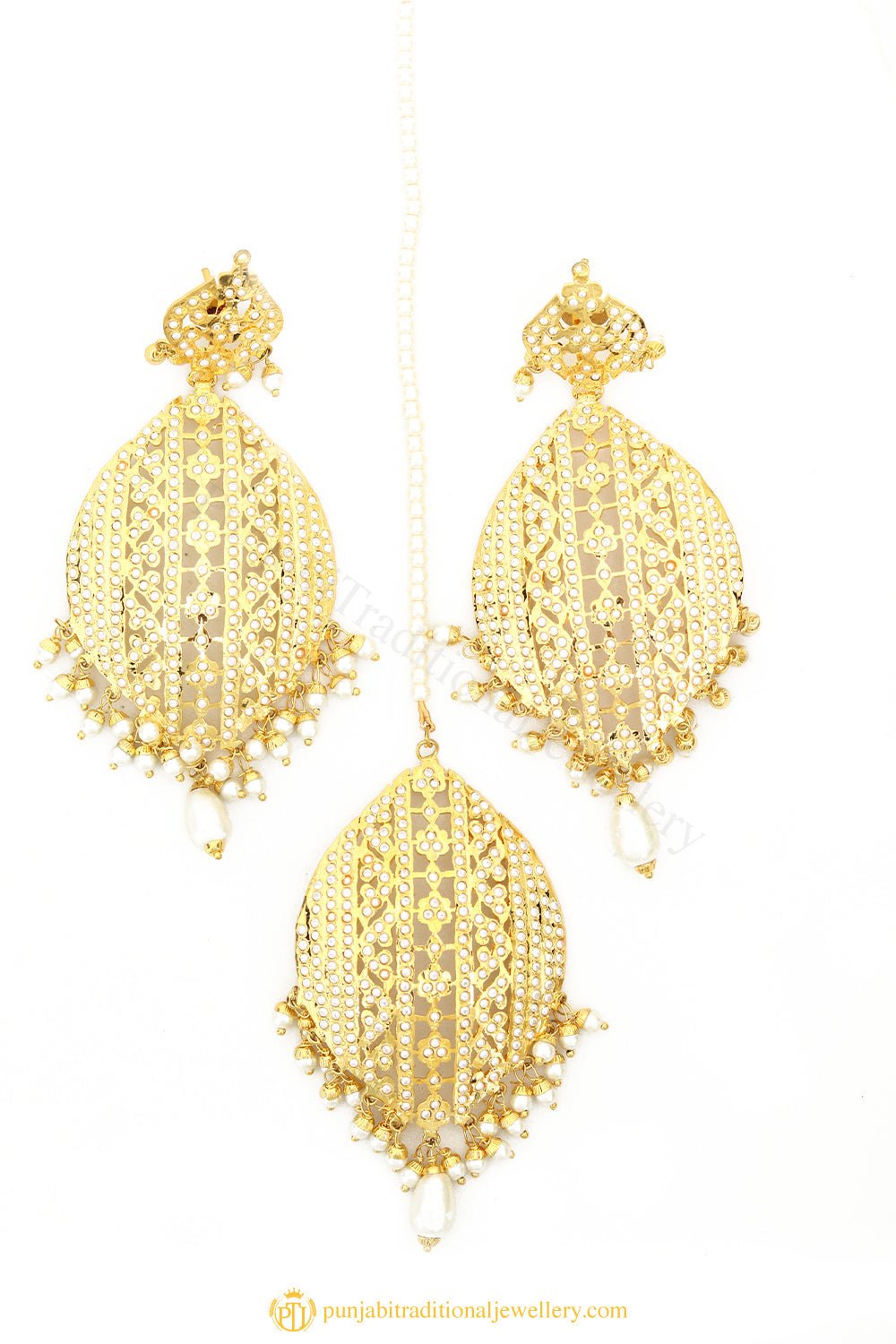 Gold Finished Earrings & Tikka Set by PTJ