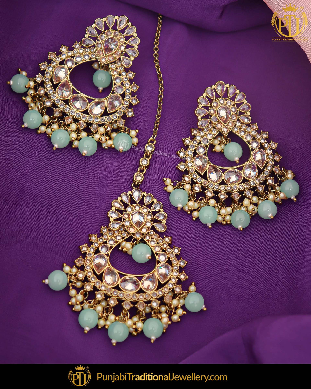 Antique Gold Finished Firozi Pearl Champagne Stone Earring Tikka Set | Punjabi Traditional Jewellery Exclusive