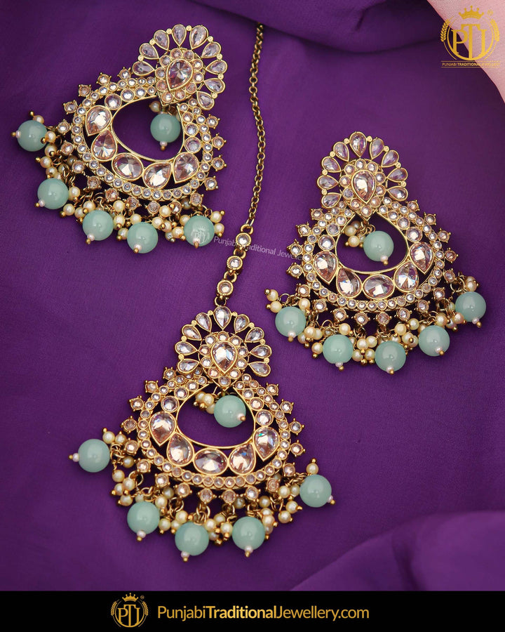 Antique Gold Finished Firozi Pearl Champagne Stone Earring Tikka Set | Punjabi Traditional Jewellery Exclusive