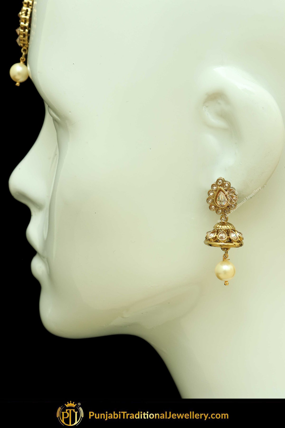 Antique Gold Finised Champagne Stone Earring Tikka Set By Punjabi Traditional Jewellery
