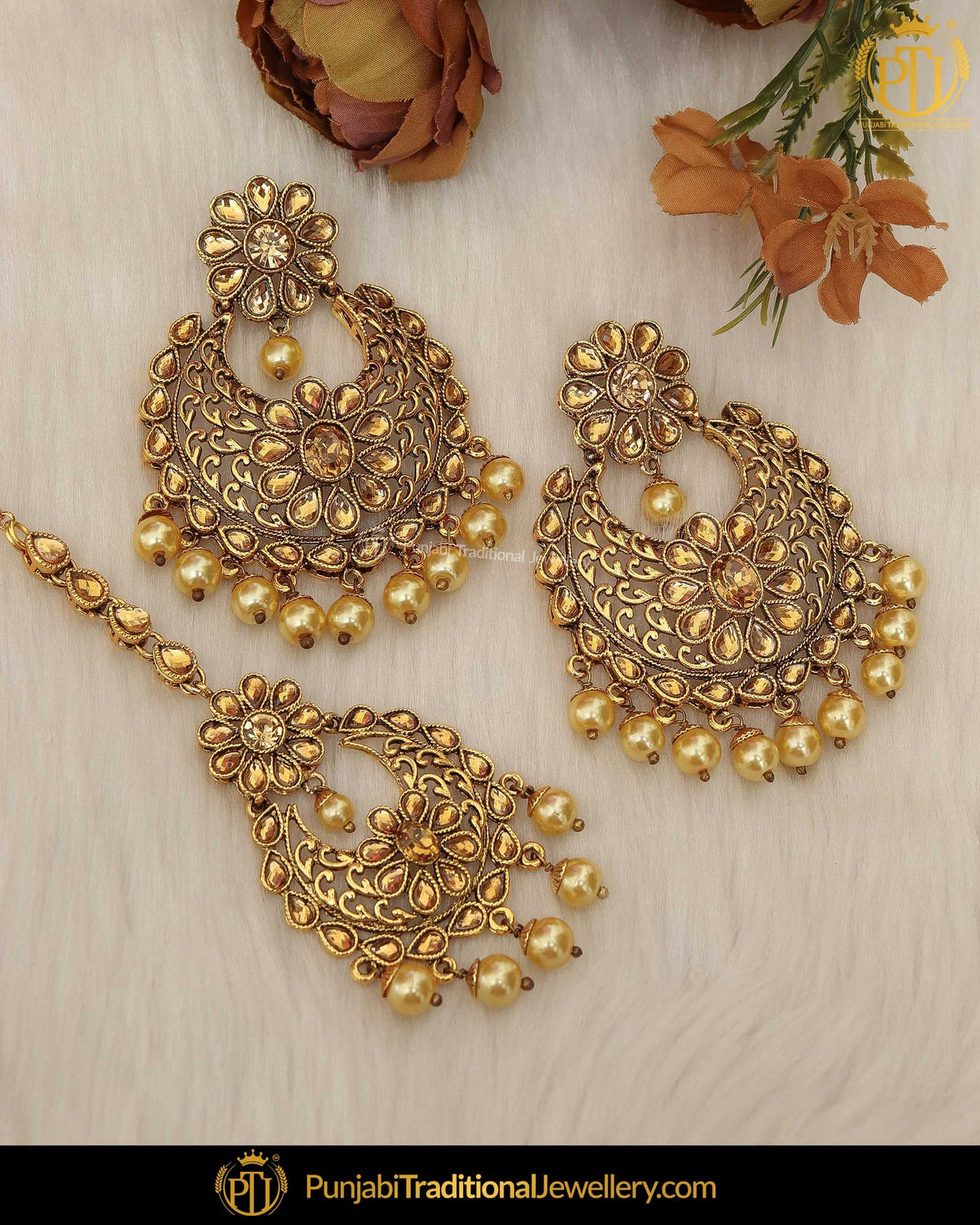 Gold Finished Golden Kundan Earring Tikka Set | Punjabi Traditional Jewellery Exclusive