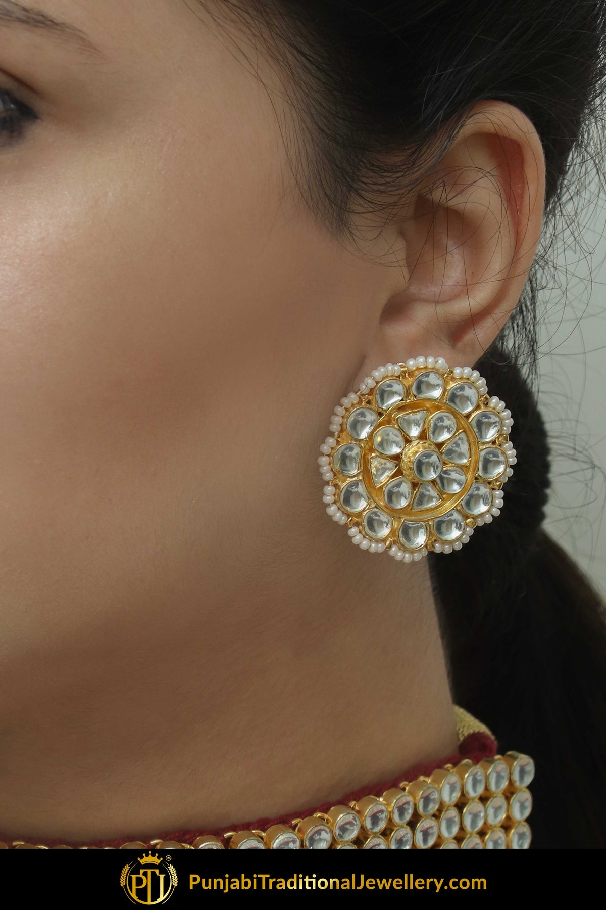 Ghaniyah Gold Finished Pearl Kundan Stud Earrings & Choker Set | Punjabi Traditional Jewellery Exclusive