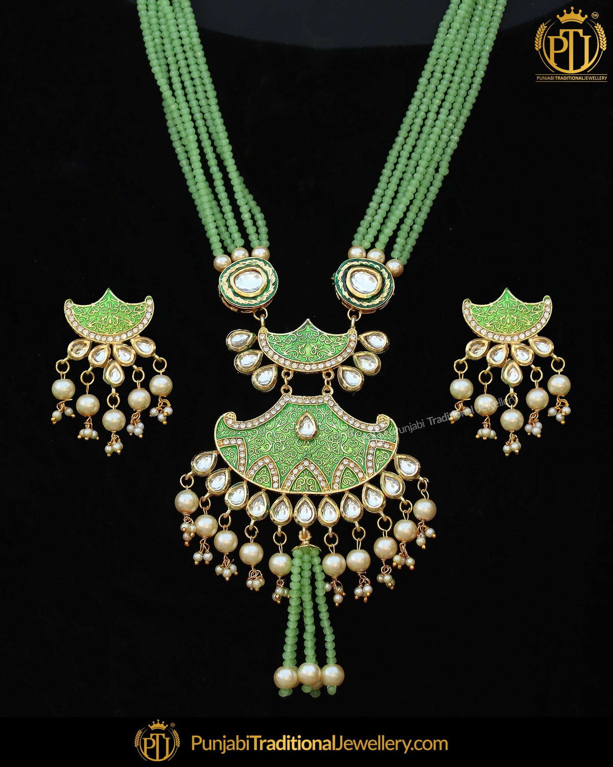 Gold Finished Eamrald Kundan Long Pearl Necklace Set | Punjabi Traditional Jewellery Exclusive