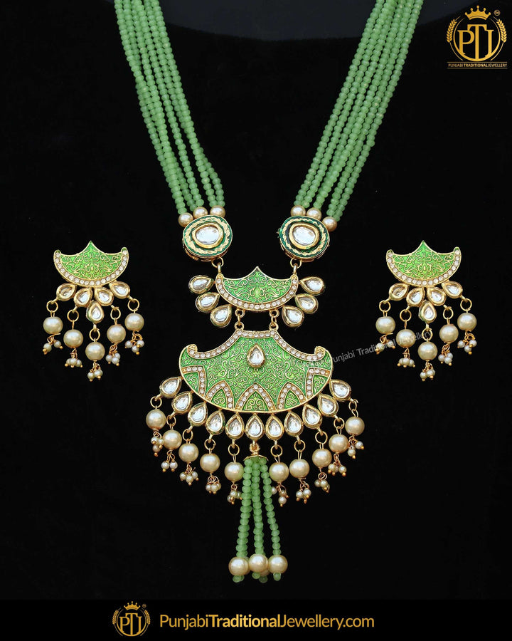 Gold Finished Eamrald Kundan Long Pearl Necklace Set | Punjabi Traditional Jewellery Exclusive