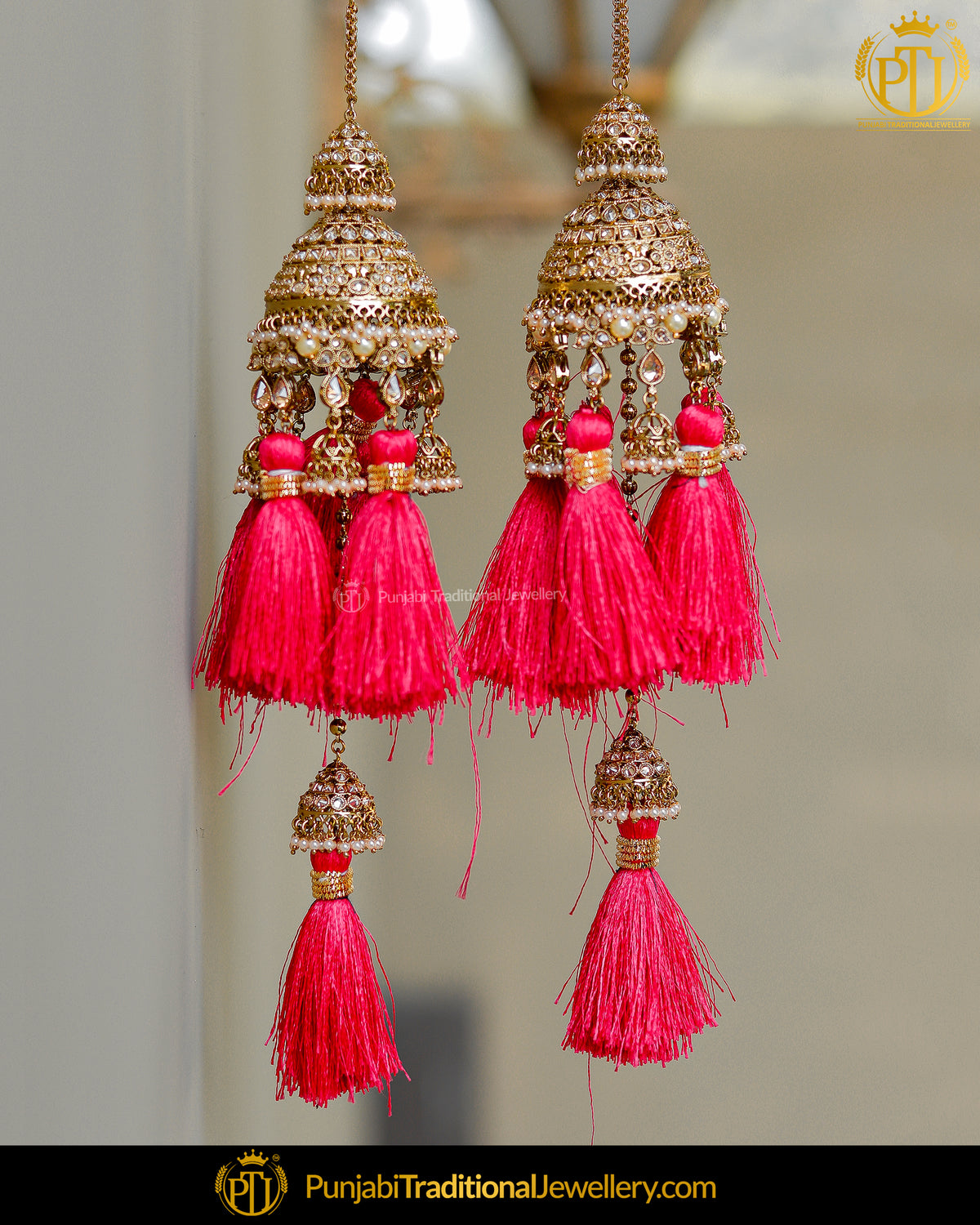 Gold Finished Champagne Stone Hot Pink Tassel  Bridal Kalira