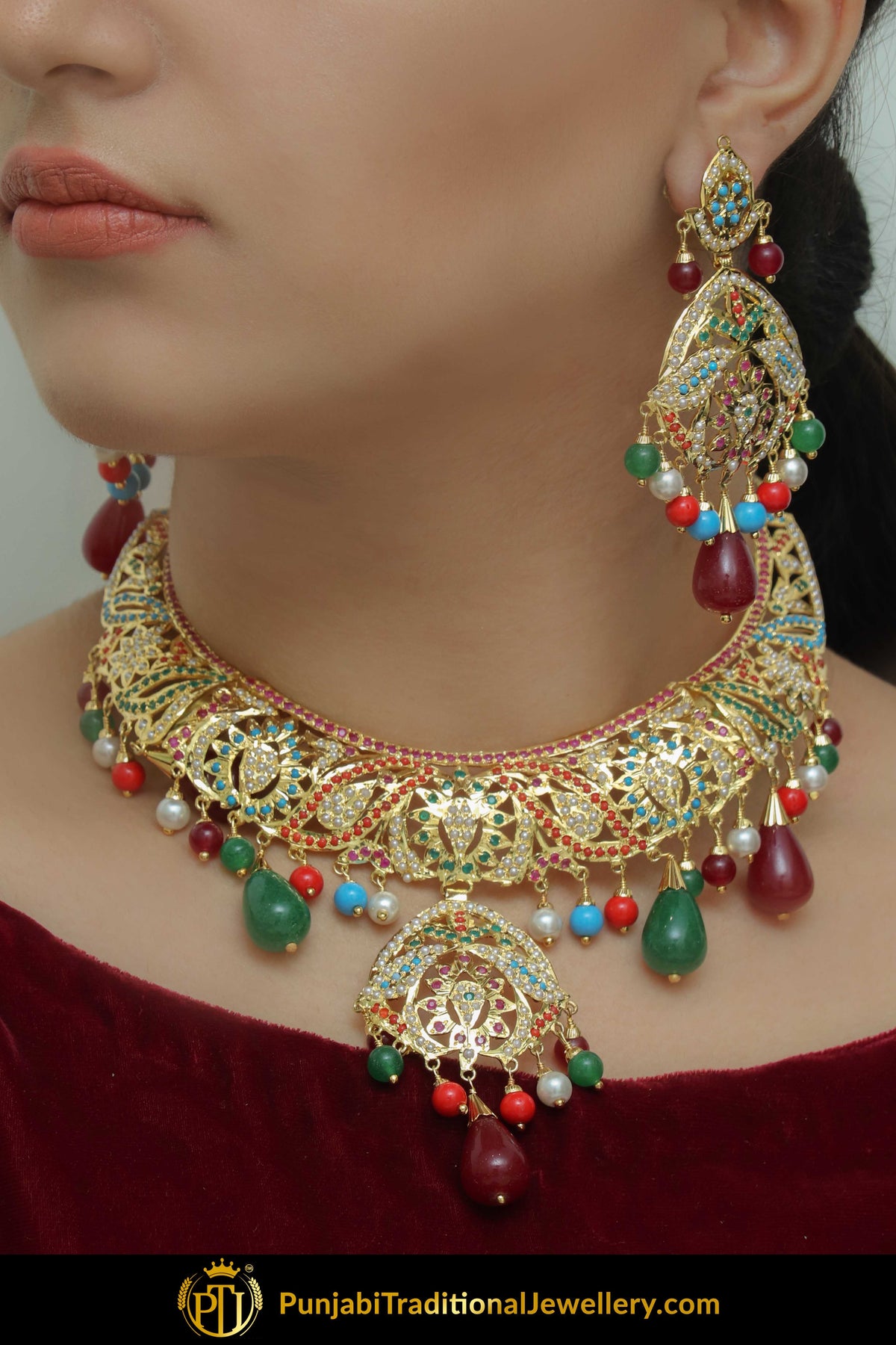 Ghareebah Gold Finished Navratan Jadau Necklace & Earrings  | Punjabi Traditional Jewellery Exclusive