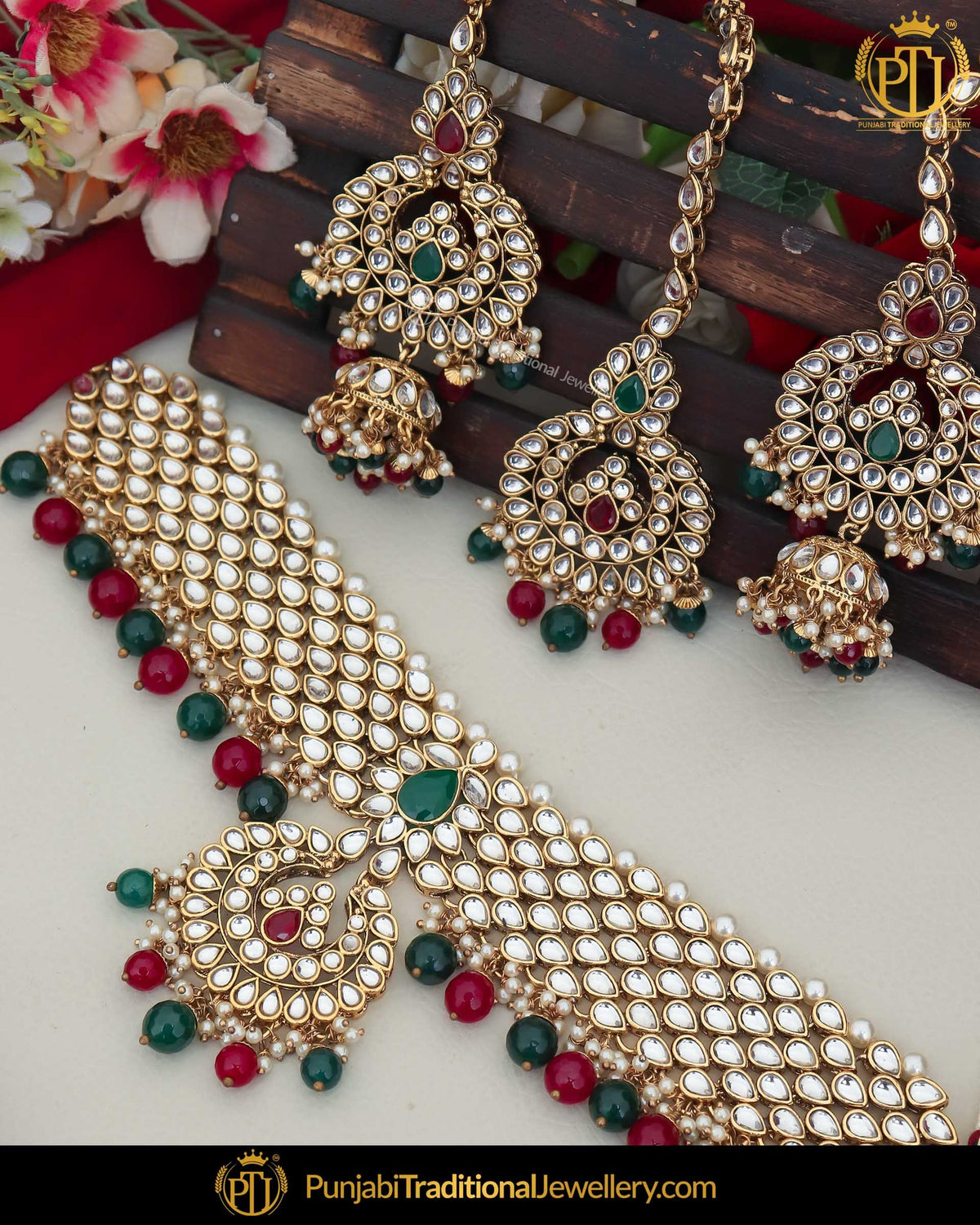 Gold Finished Kundan Rubby Emerlad Pearl Choker Necklace Set | Punjabi Traditional Jewellery Exclusive