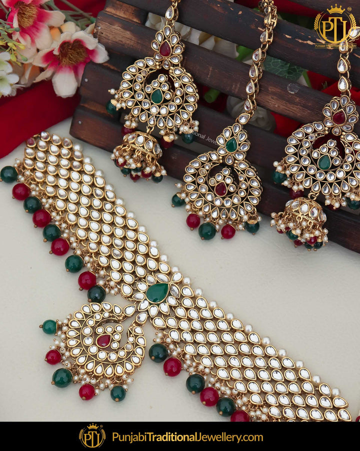 Gold Finished Kundan Rubby Emerlad Pearl Choker Necklace Set | Punjabi Traditional Jewellery Exclusive