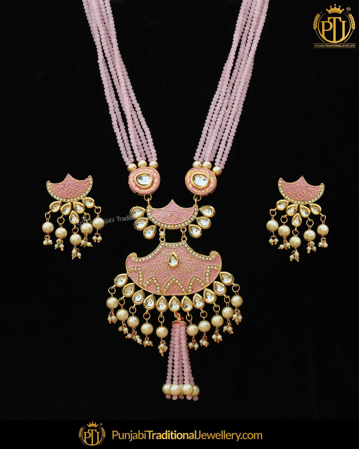Gold Finished Pink Kundan Long Pearl Necklace Set | Punjabi Traditional Jewellery Exclusive